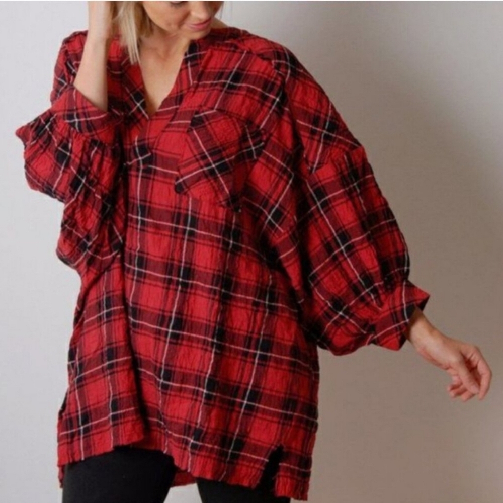 Free People Not Your Boyfriends Plaid Red Women's Top Size Small